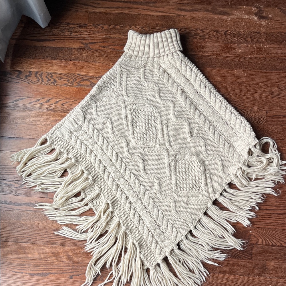 Cream Knit Poncho with Fringe